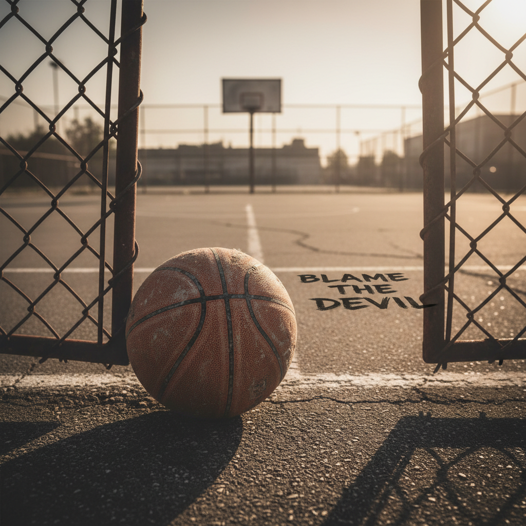 A stark, photographic close-up of a worn basketball lying just inside a bent chain-link fence gate, its orange surface scuffed to almost brown and dust clinging to its grooves. Behind it, a cracked asphalt court stretches out, with faint, faded lines and a rusted hoop hanging crookedly in the distance. Late-afternoon light, low and amber, cuts across the scene, throwing long, jagged shadows from the fence. The mood is gritty, tense, and slightly foreboding, evoking inner-city struggle and moral ambiguity. Shot from a low angle with the ball in the foreground and the empty court dissolving into soft bokeh, in cinematic, photographic realism, ideal for visually echoing the tone of a novel like “Blame the Devil.”