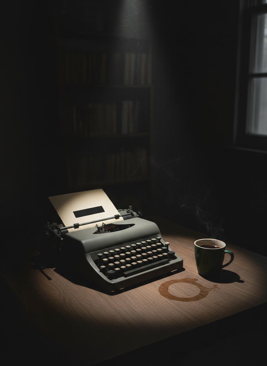 A vintage typewriter sits alone on a bare, dark-stained wooden table, keys dulled and chipped, a single sheet of slightly crumpled paper rolled into the carriage with only a blacked-out rectangle where a title might be. A chipped ceramic mug with cold, untouched coffee rests nearby, leaving a circular stain on the wood. The room is dim, lit only by a narrow beam of late-night desk-lamp light, creating a hard pool of illumination surrounded by deep, inky shadow. Cigarette smoke–like wisps of dust hang in the air. The mood is solitary, brooding, and contemplative. Photographic realism, shot from a three-quarter angle with shallow depth of field, perfect to represent an author’s writing life without showing a person.